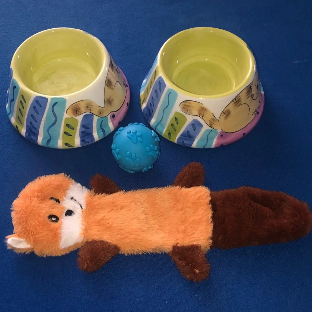 4-Pcs. Ceramic Cat Bowl Sets and Pet Toys